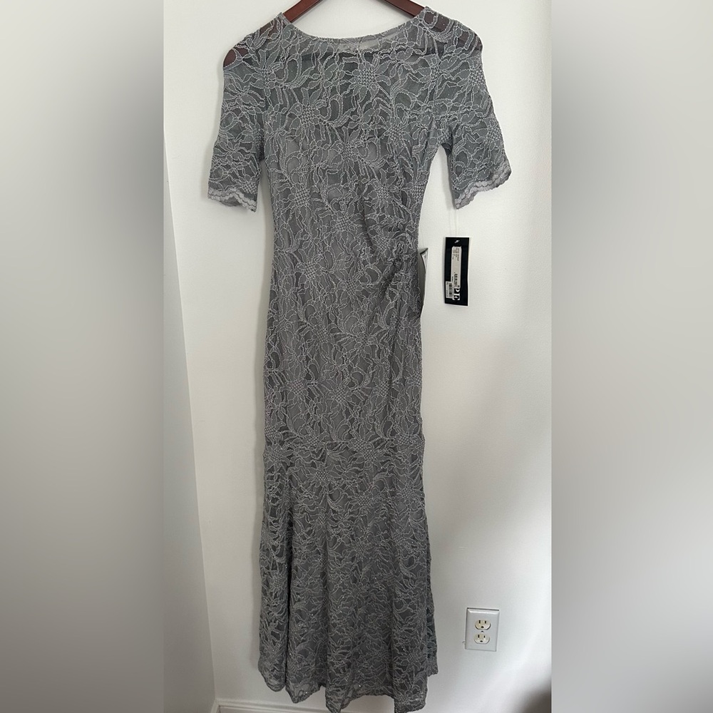 Xscape Silver Sheath Dress Flutter Sleeves Wedding